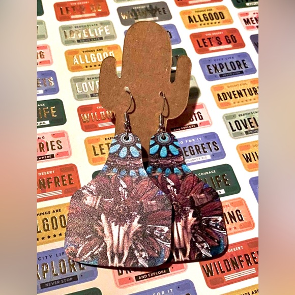 Feathered Cow Skull Dangle Earrings - Picture 2 of 3